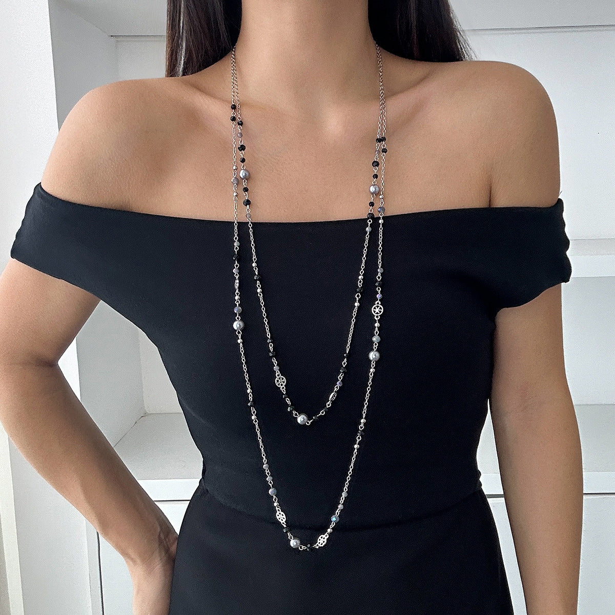 Imitation Pearl Long Necklace Set