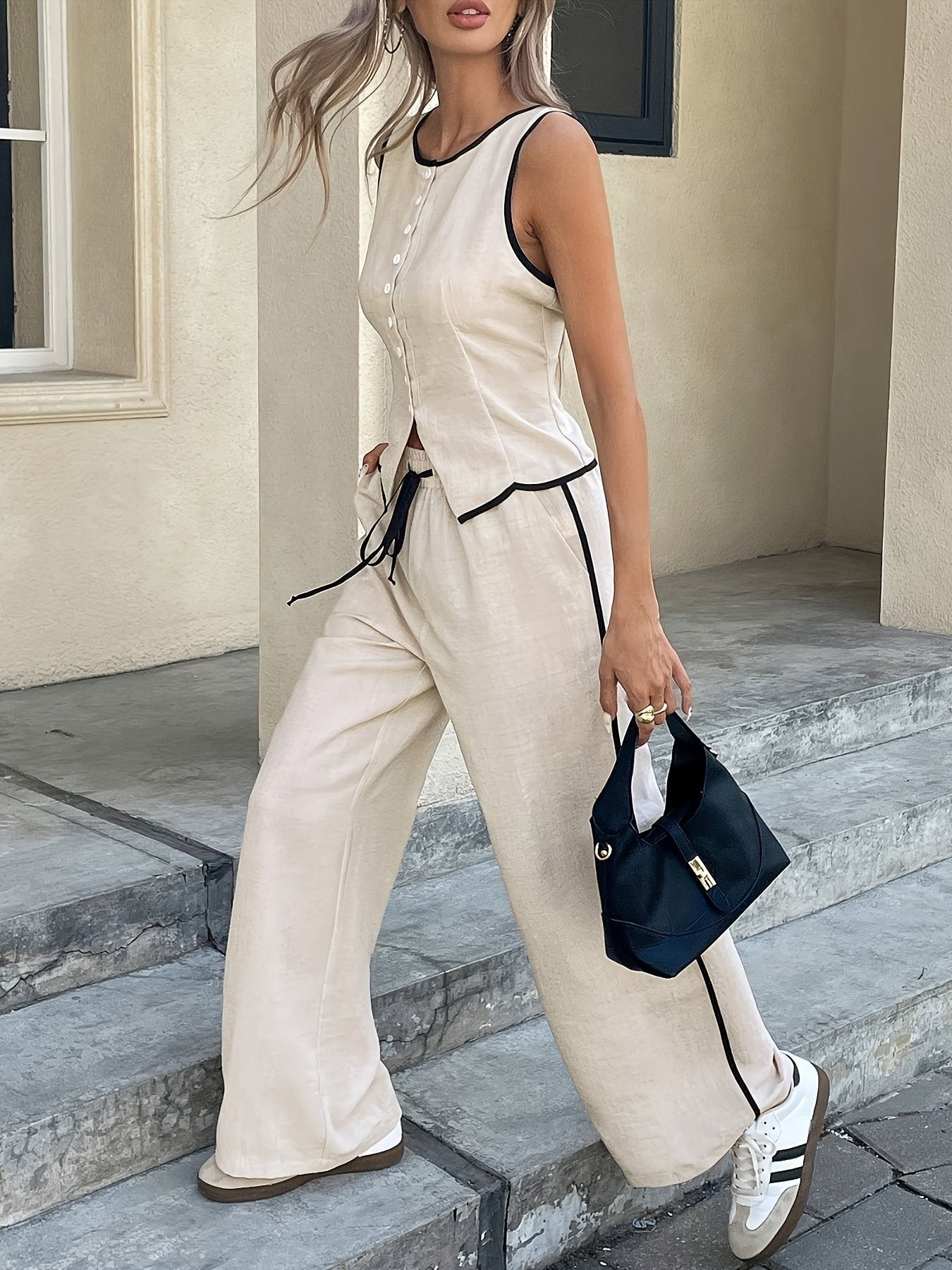 Sleeveless Front Buttons Top And Drawstring Trousers