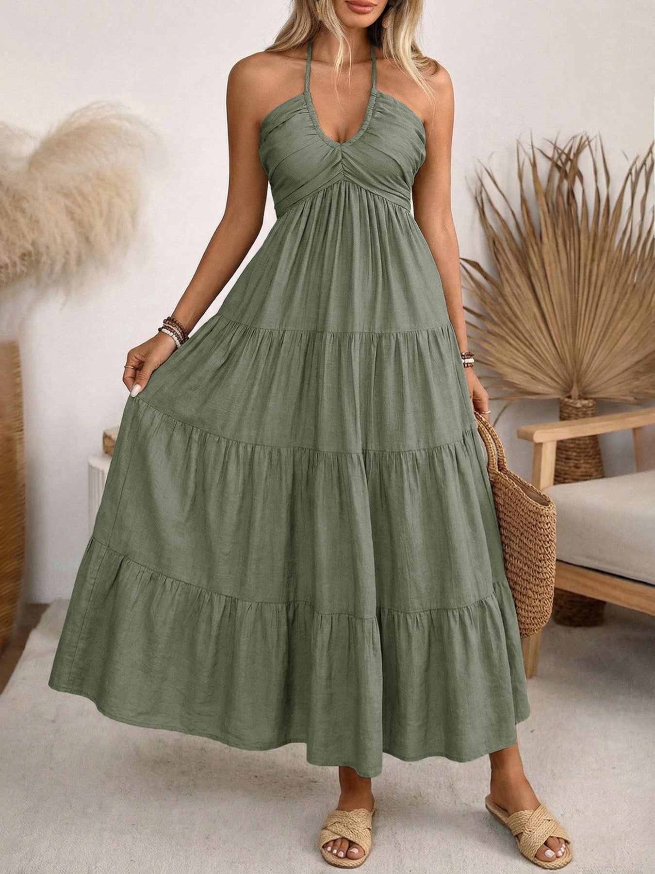 Solid-Color Halter Neck Dress