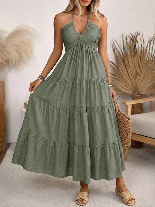 Solid-Color Halter Neck Dress