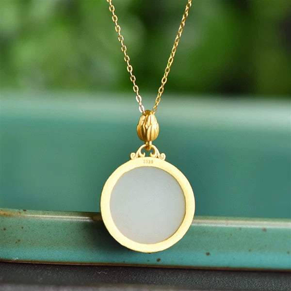 Hetian Jade Carp Lotus Sterling Silver Pendant