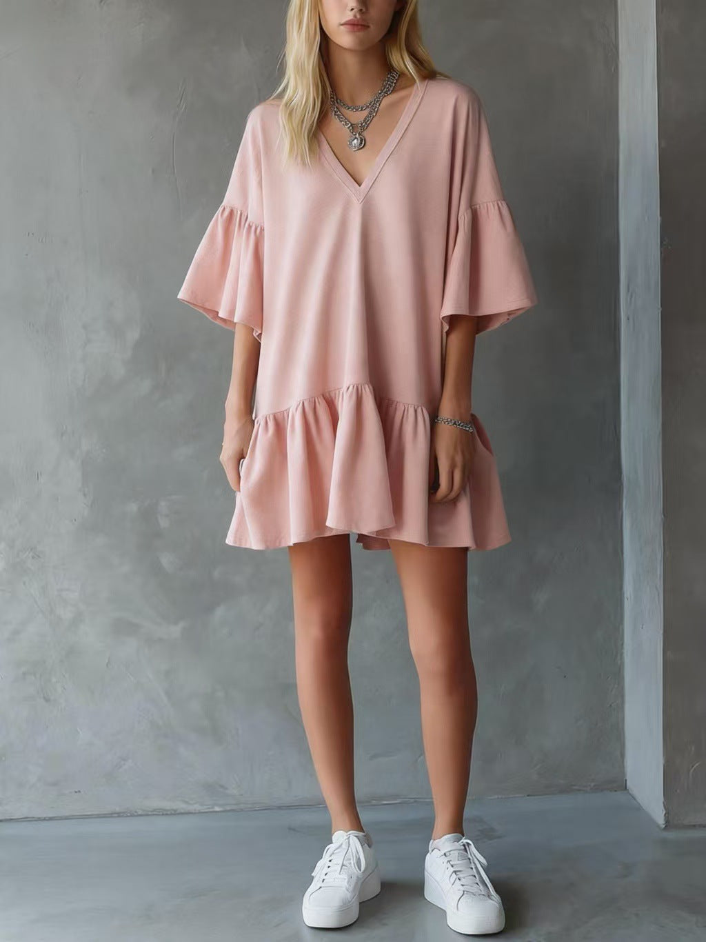 Ruffled V-neck Dress