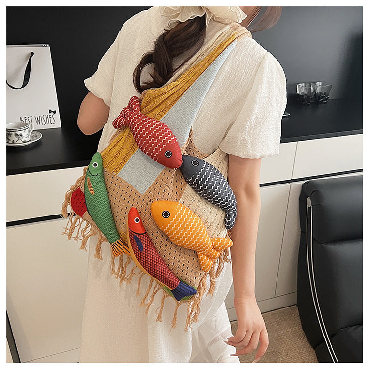 Tassel-trimmed Knitted Shoulder Bag