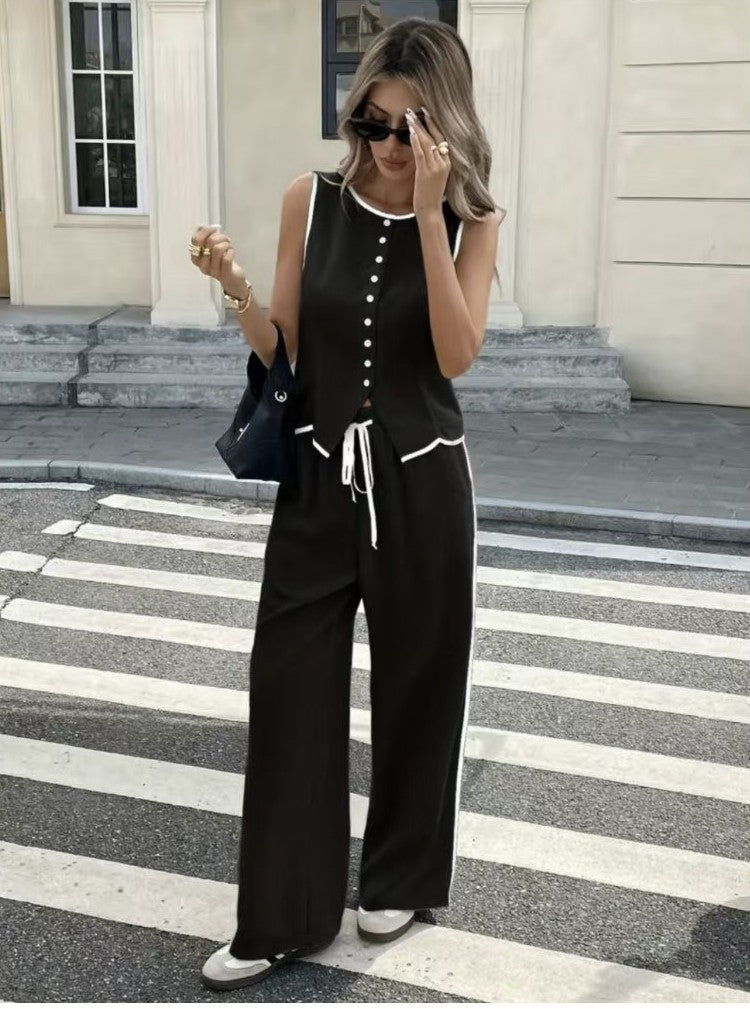 Sleeveless Front Buttons Top And Drawstring Trousers
