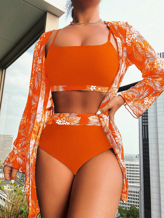Maple Leaves Print three Pieces Bikini Set
