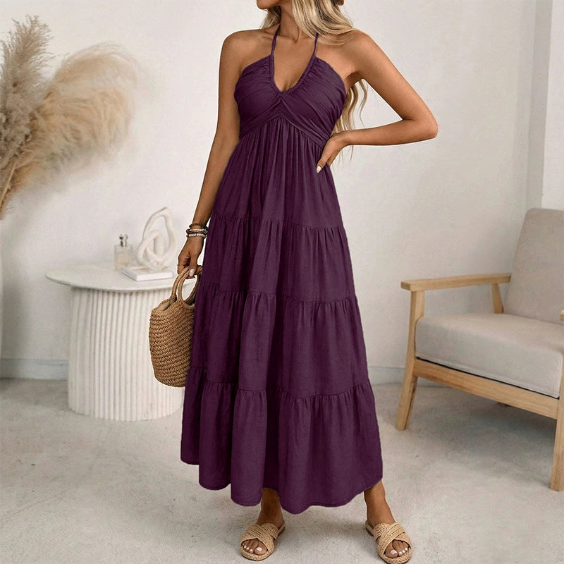 Solid-Color Halter Neck Dress