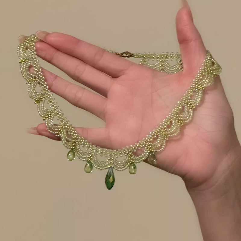 Green Lace Beaded Collarbone Necklace