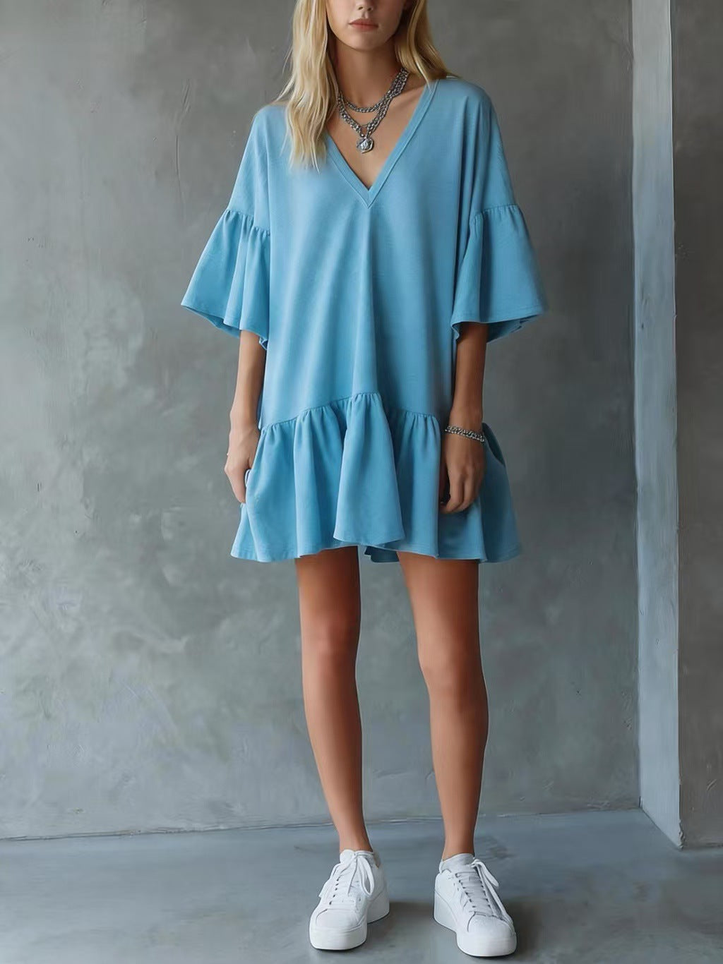 Ruffled V-neck Dress