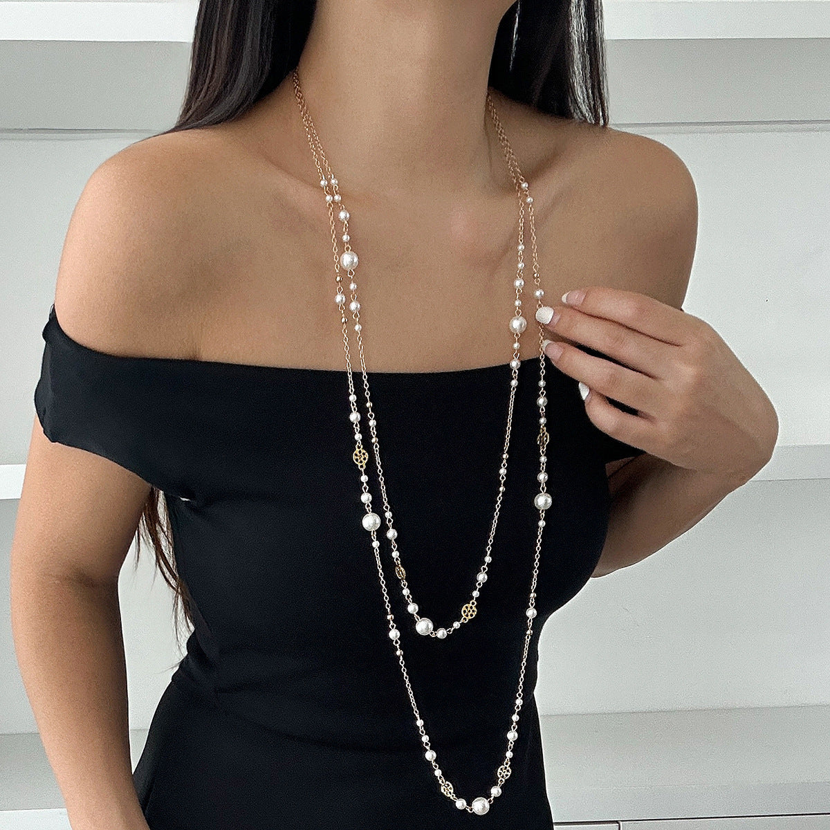 Imitation Pearl Long Necklace Set