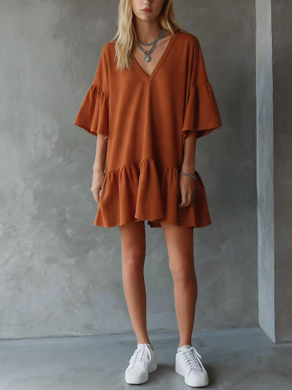Ruffled V-neck Dress