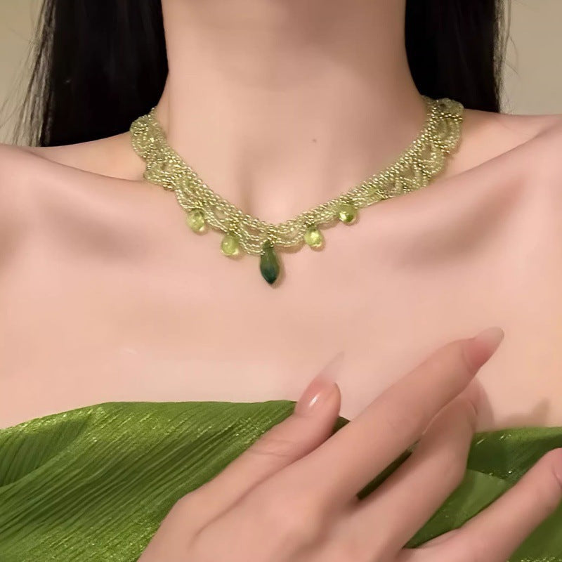 Green Lace Beaded Collarbone Necklace