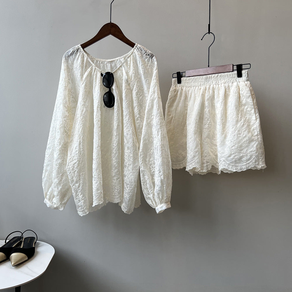 Embroidery Top And Shorts Two Pieces Set