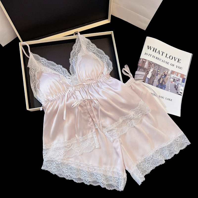 V Neck Lace Splice Sleepwear