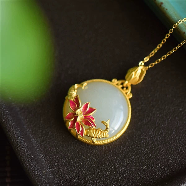 Hetian Jade Carp Lotus Sterling Silver Pendant
