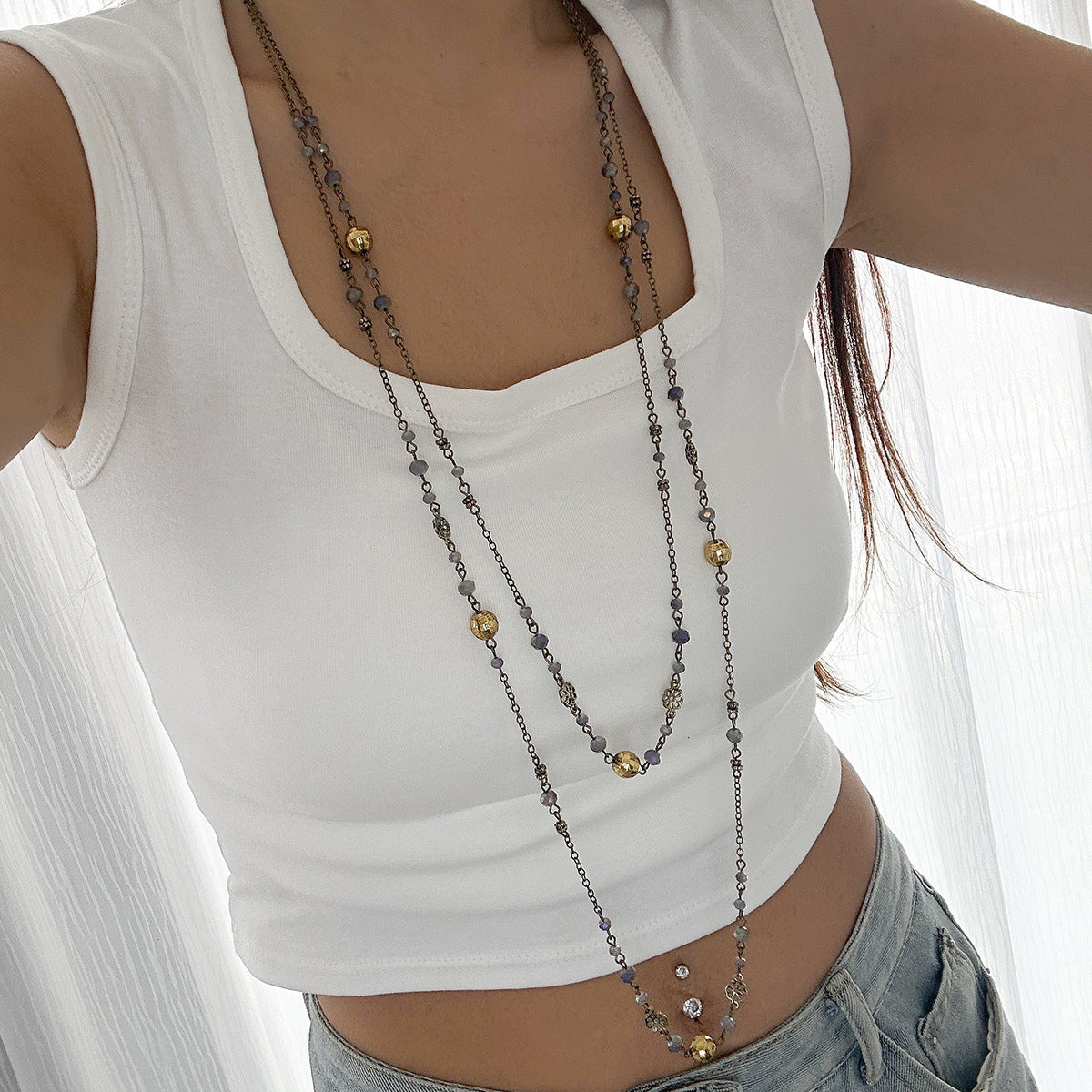 Imitation Pearl Long Necklace Set
