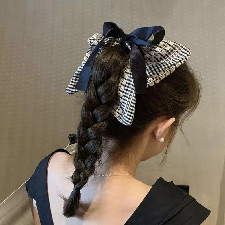 Large Bow Checkered Hair Tie