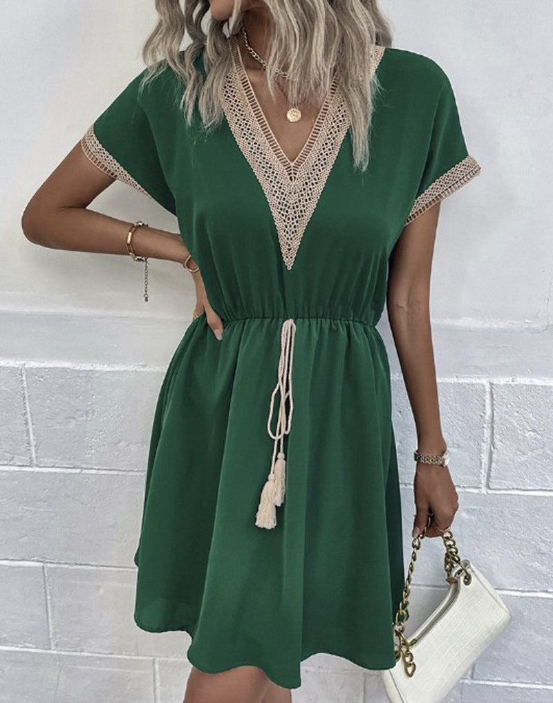 V Neck Waist-cinching Dress