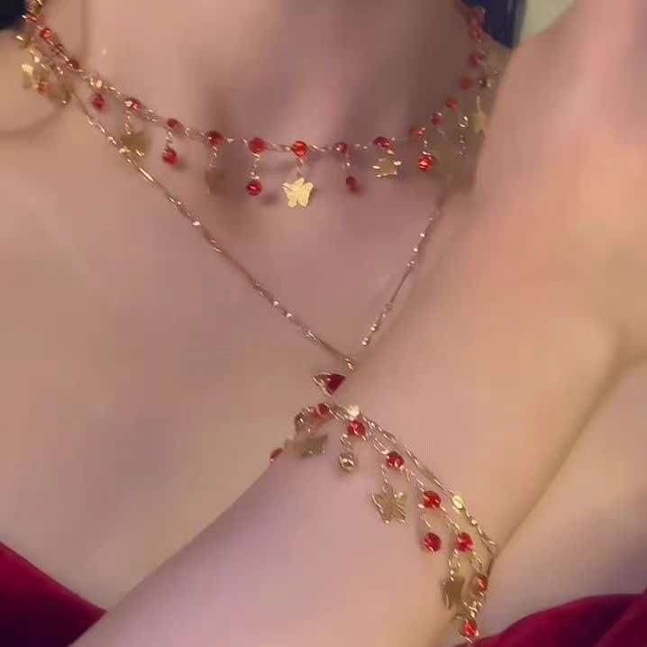 Red Multi-Layered Butterfly Collarbone Necklace