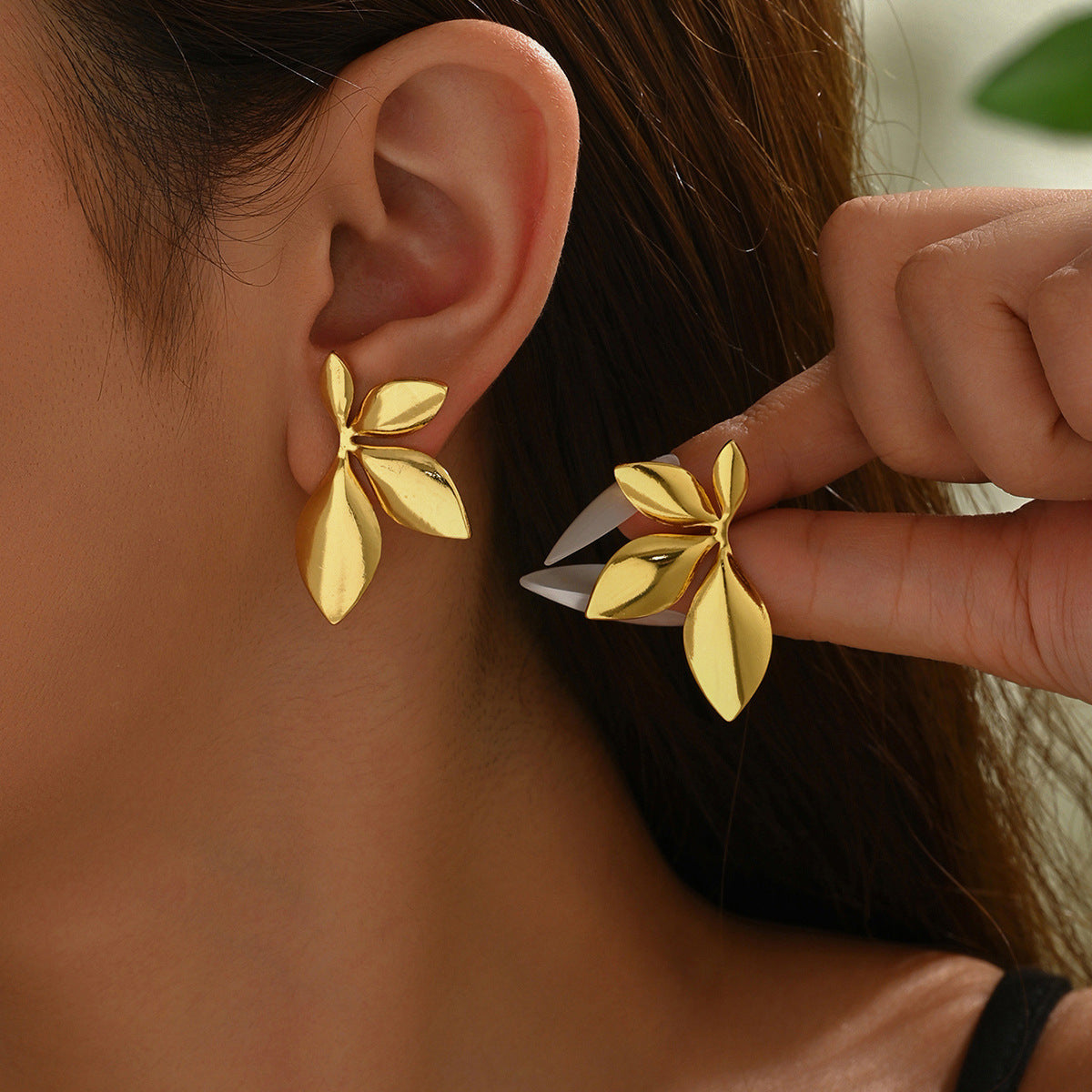 Smooth-finish Stainless Steel Leaf Stud Earrings