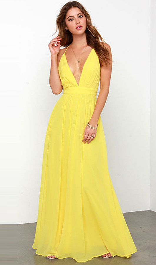 Yellow Deep V Neck  Maxi Dress