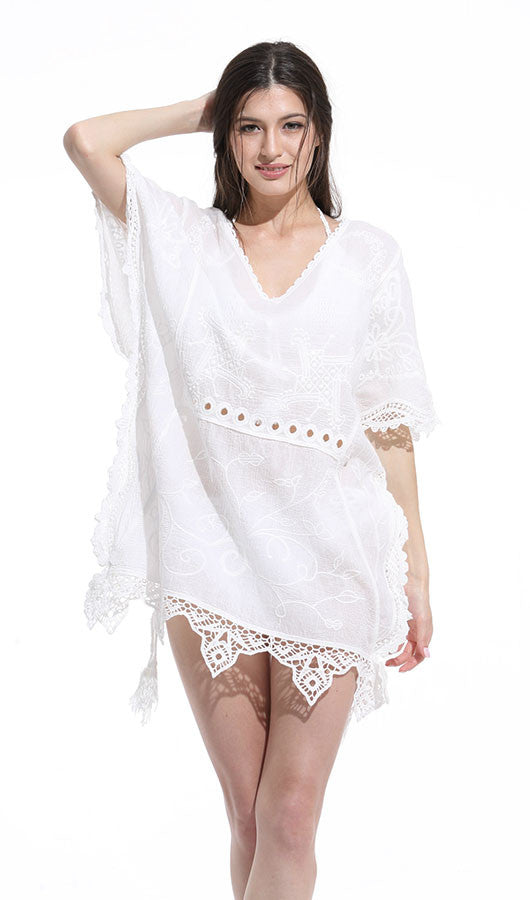 White V Neck Lace Beach Dress