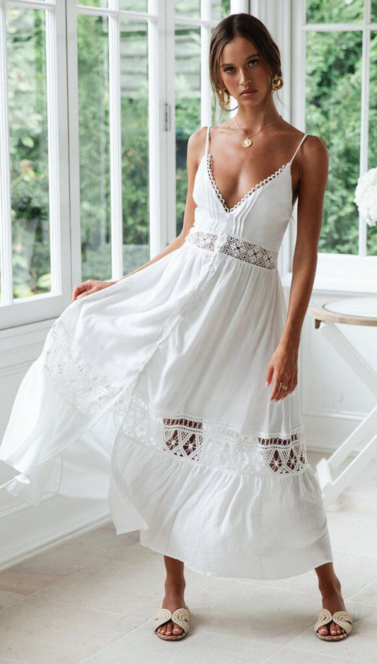 White Backless Lace Splicing Maxi Dress