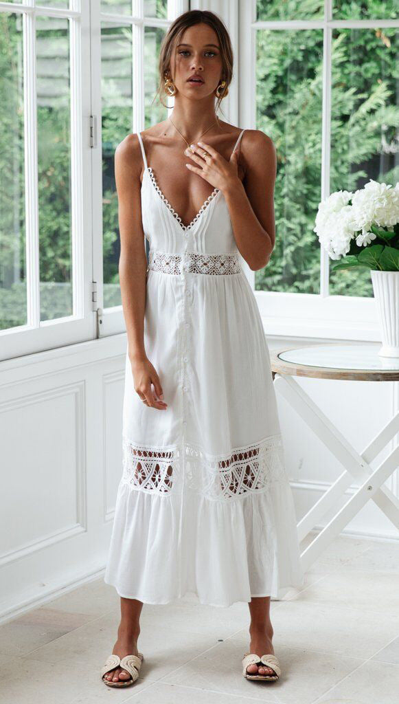 White Backless Lace Splicing Maxi Dress