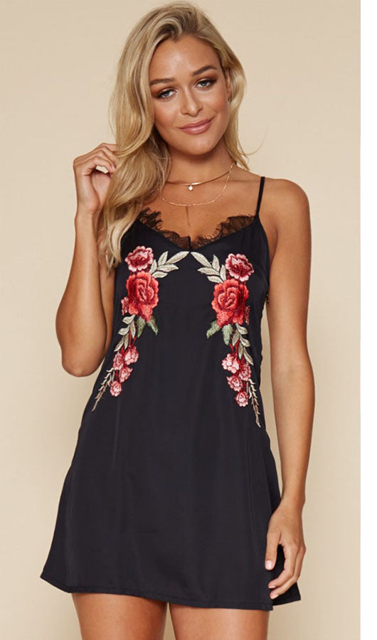 Floral Embroidery Spaghetti Staps Dress