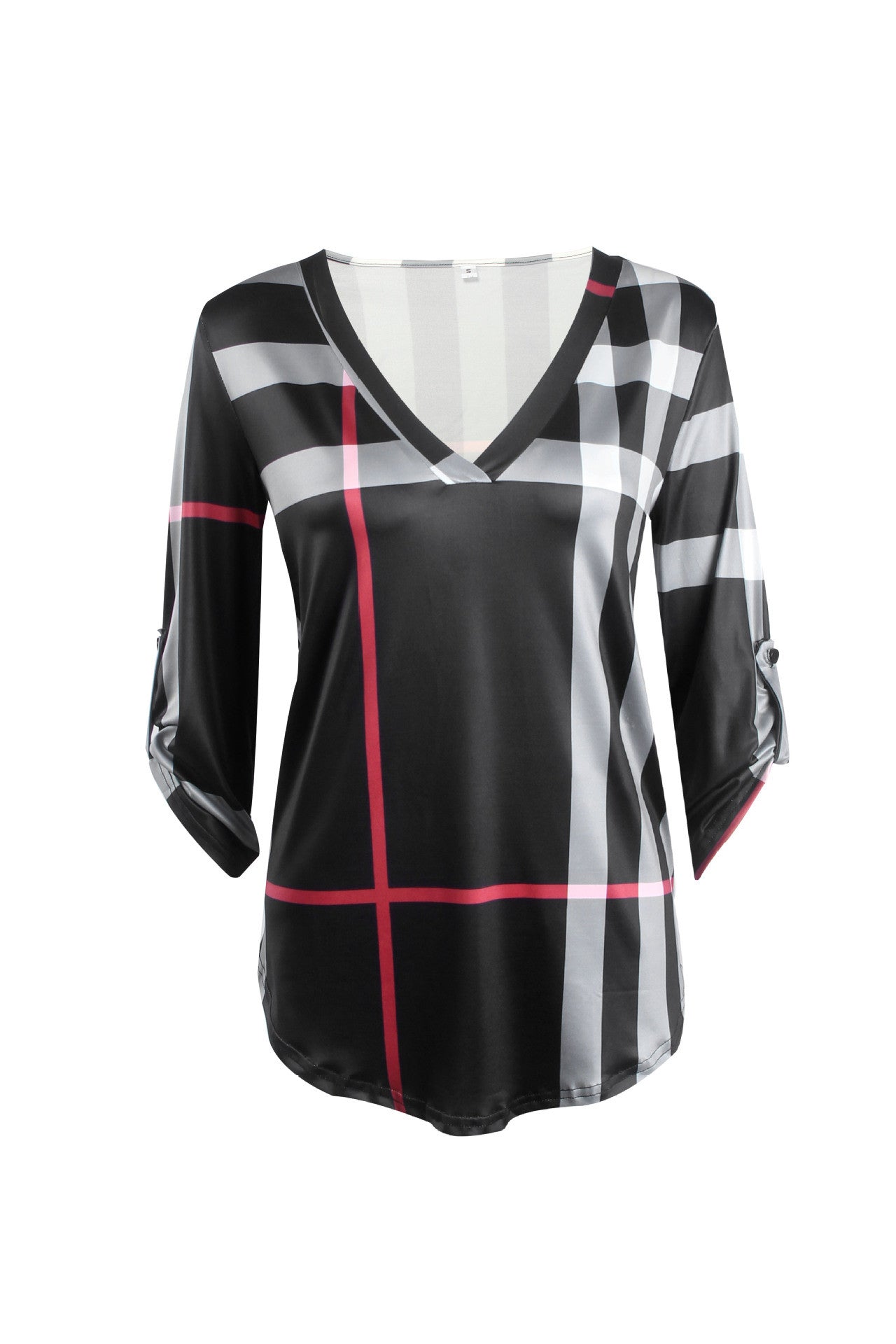 Checked Print Three Quarter Sleeve T-shirt
