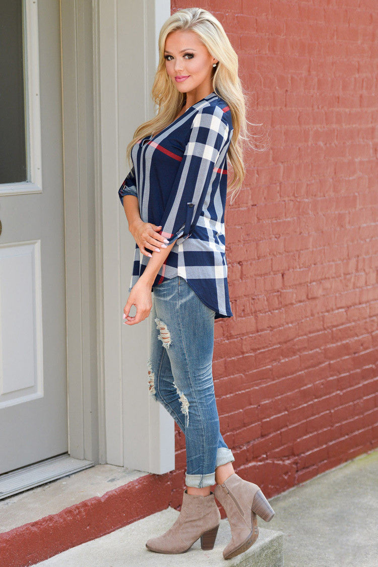 Checked Print Three Quarter Sleeve T-shirt
