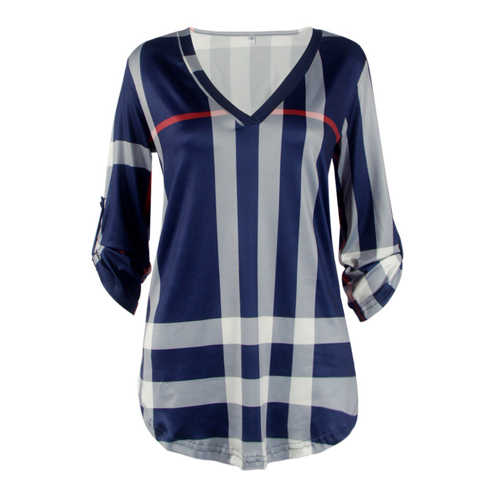Checked Print Three Quarter Sleeve T-shirt