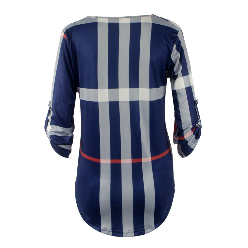 Checked Print Three Quarter Sleeve T-shirt