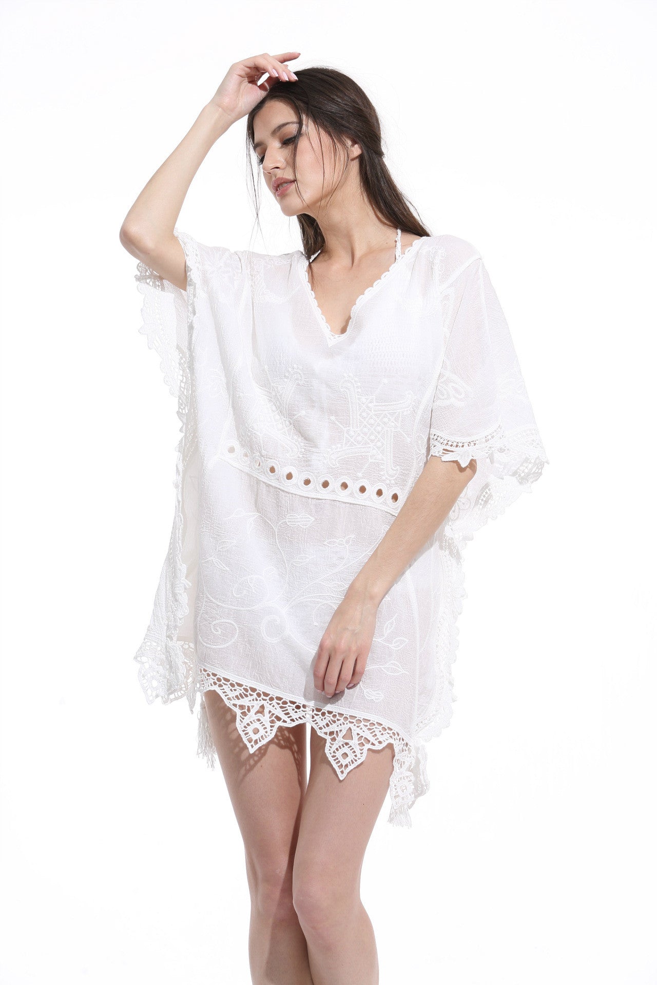 White V Neck Lace Beach Dress