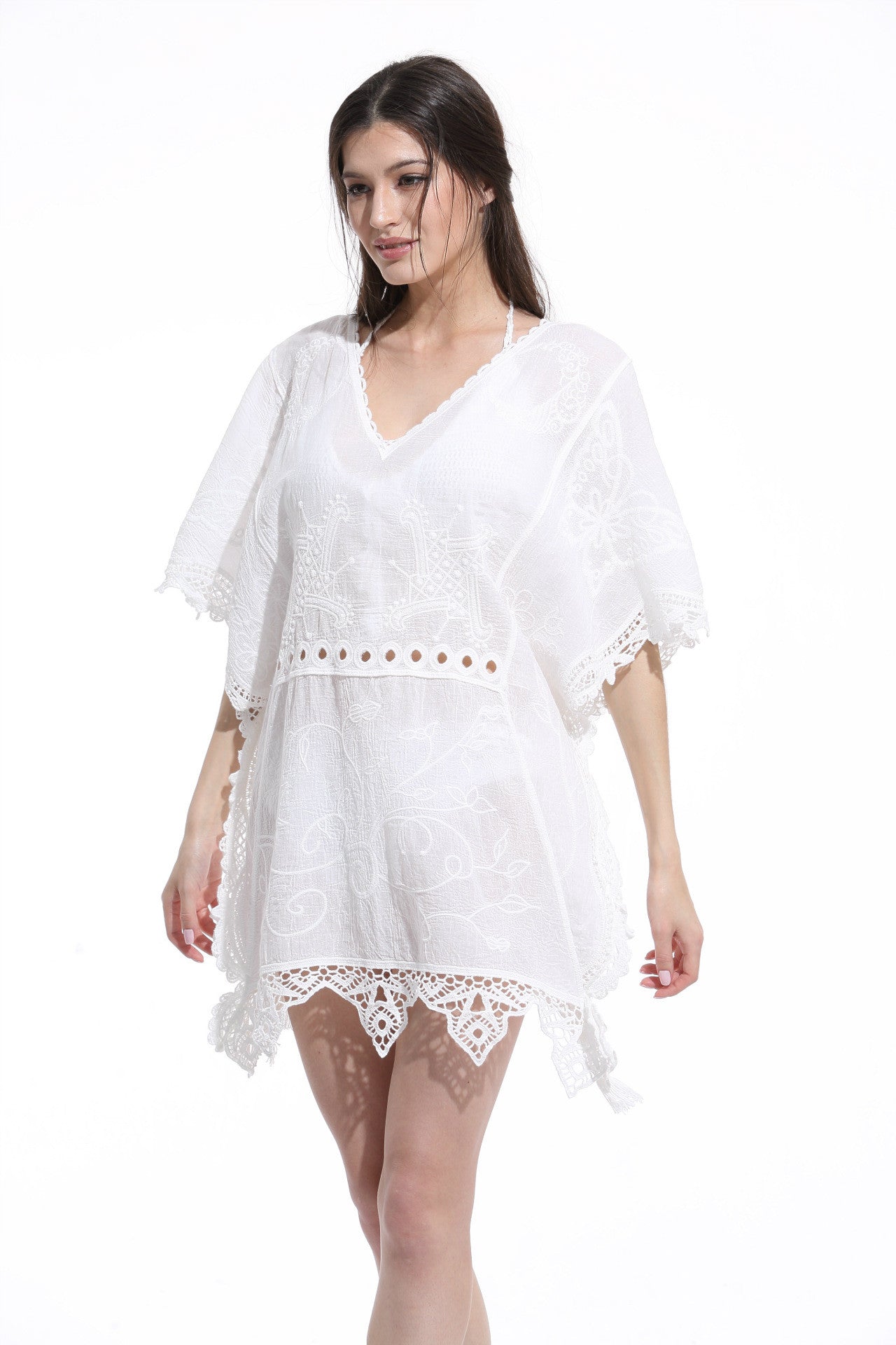 White V Neck Lace Beach Dress