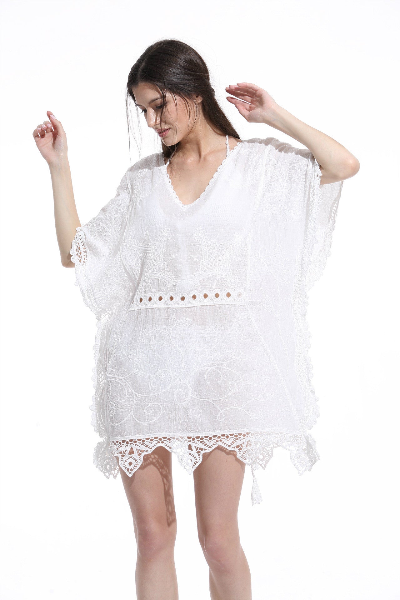 White V Neck Lace Beach Dress