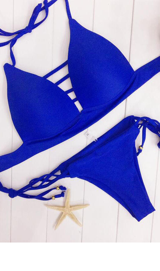 Solid Color Strappy Bikini Set