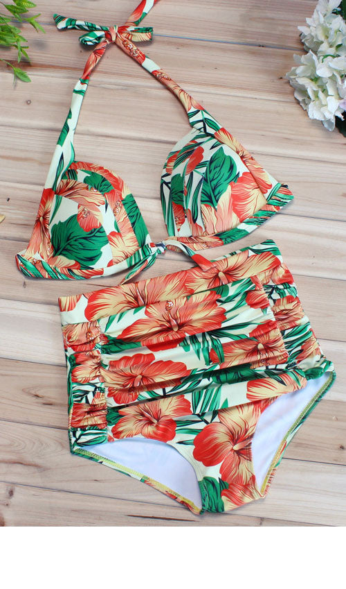 Floral High Wasit Halter Bikini Set