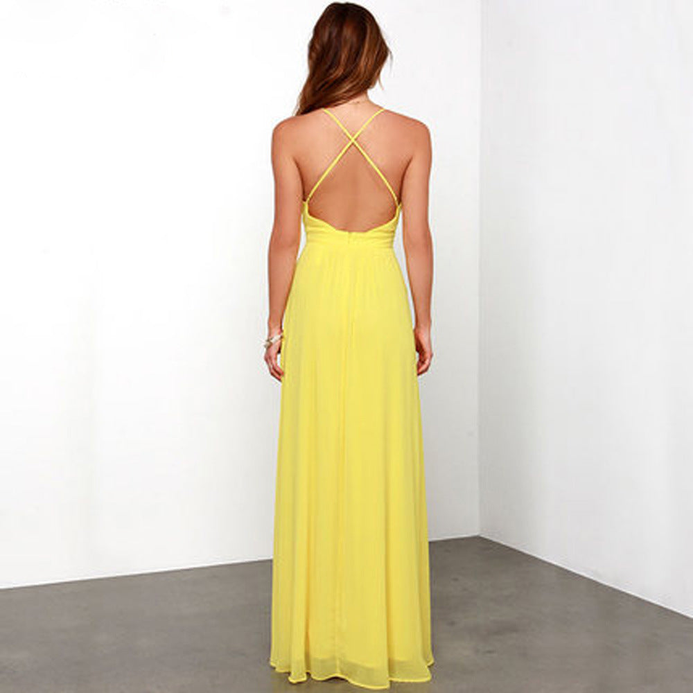 Yellow Deep V Neck  Maxi Dress