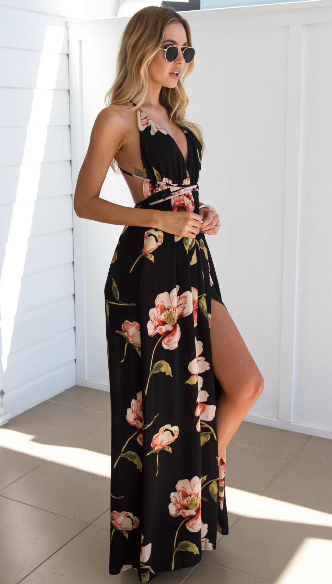 Floral Backless Slit Maxi Dress