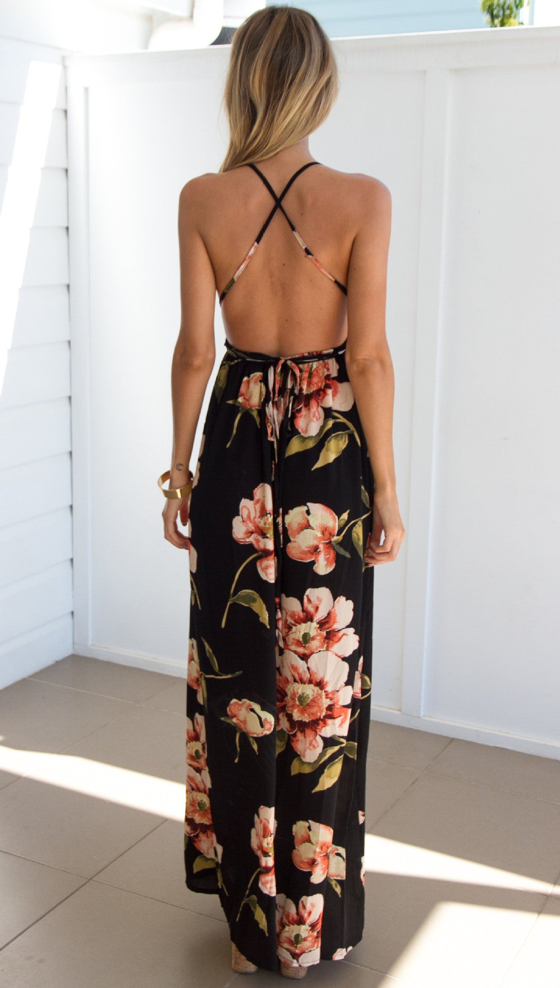 Floral Backless Slit Maxi Dress