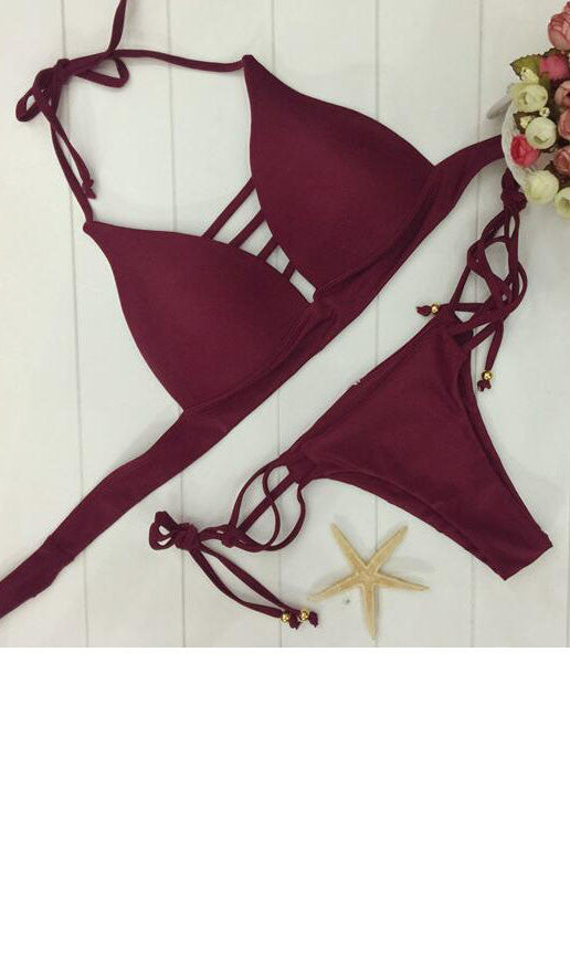 Solid Color Strappy Bikini Set