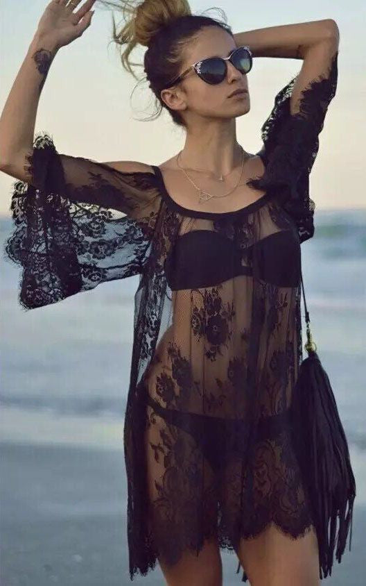 Romoti Black Off the Shoulder Sheer Lace Beach Dress