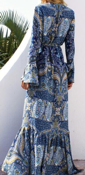 Bohemian Print  Pagoda Sleeve Maxi Dress
