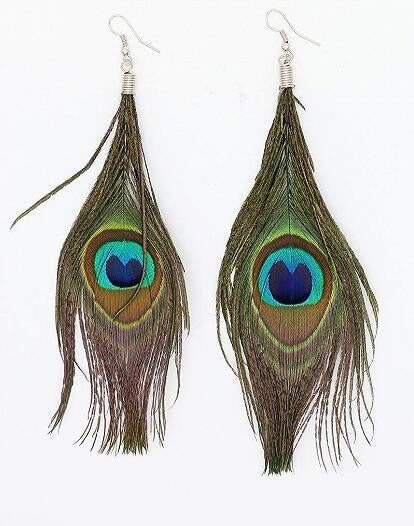 Green Faux Peacock Feather Earrings