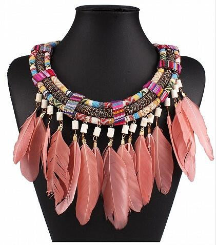 Multicolor Stone Embellished Feather Boho Necklace