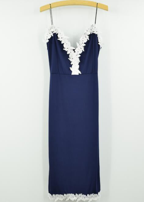 RomotiNevy Blue Spaghetti Strap Deep V-Neck Floral Bodycon Pencil Dress