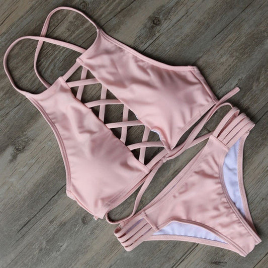 Pink Lace Up Bikini Set