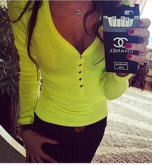 Romoti Candy Color Deep V Neck Botton Top