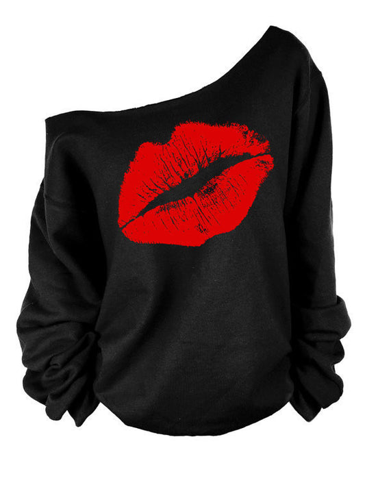 Romoti Lips Print Off The Shoulder Sweatshirt