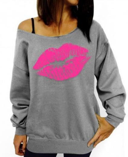 Romoti Lips Print Off The Shoulder Sweatshirt